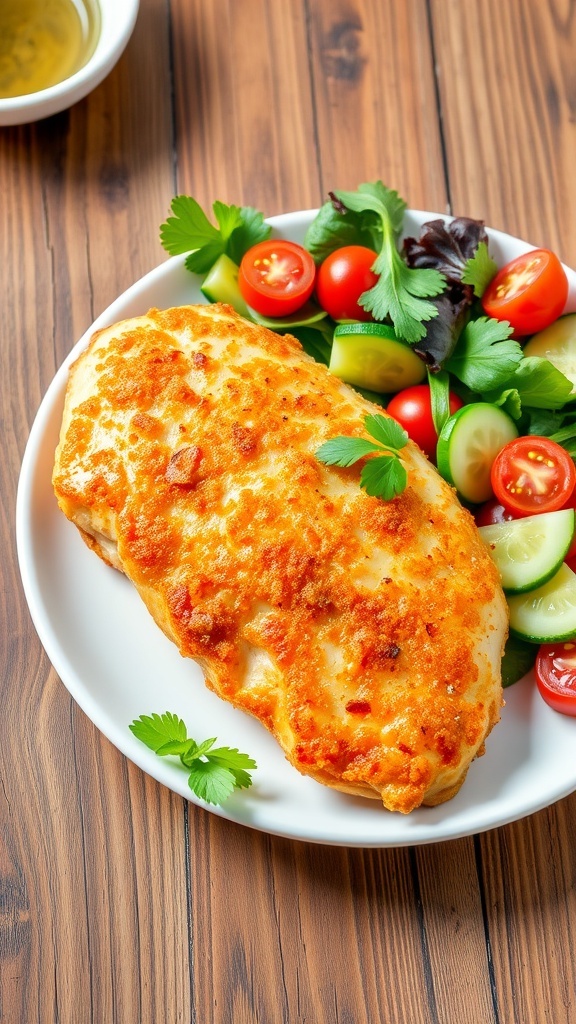 Crispy Parmesan Chicken Recipe Crispy parmesan chicken breast on a plate with salad, garnished with parsley.